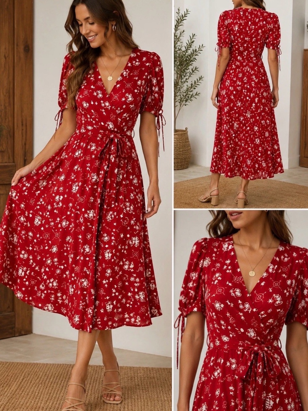 Ralph Lauren Red Floral Wrap Midi Dress